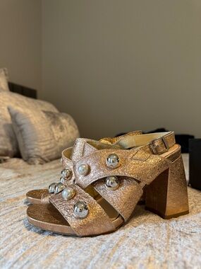 Anthropologie Metallic Gold Jeweled Open-Toe Heels